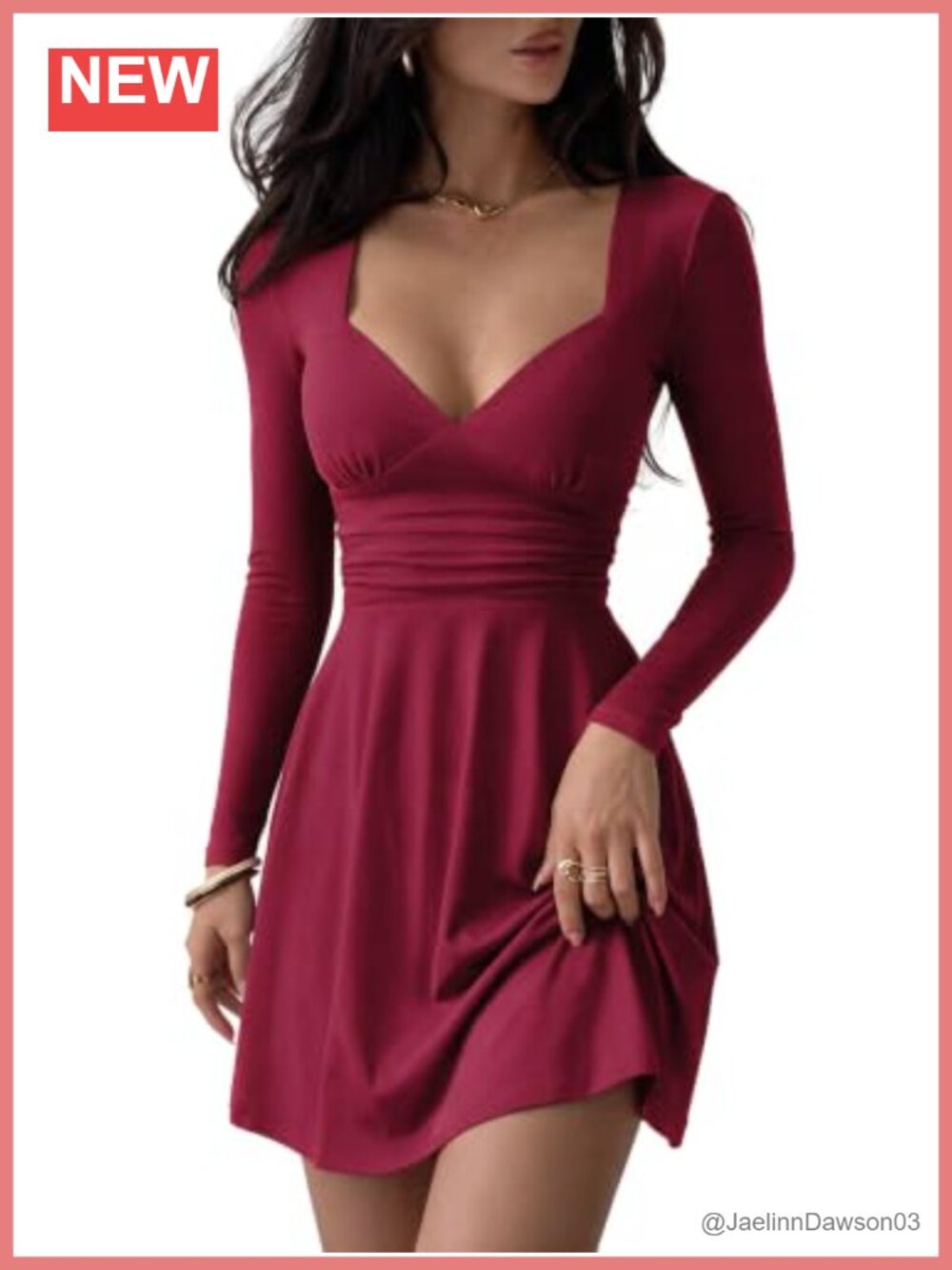Long Sleeve Deep V Neck Mini Dress High Waist A Line Slim Fit